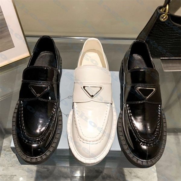 

womens loafers platform leather shoes triangle logo women boots brand ladies chunky heels, Black
