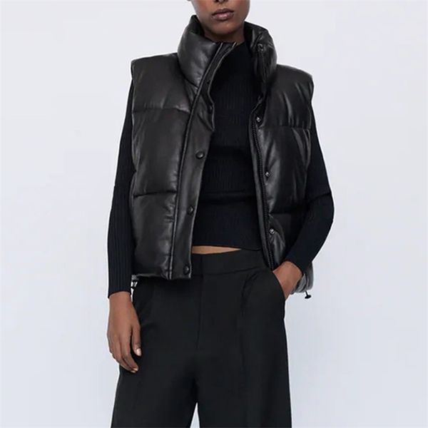

women's vests black stand collar fashion zipper pu leather coats elegant autumn winter short female ladies 220916, Black;white