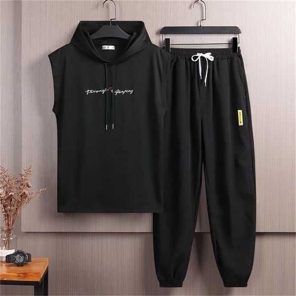 

men's tracksuits man 2 piecs sweat suits mens solid sleeveless hooded vest sweatpants sets student sports fitness set men 220919, Gray