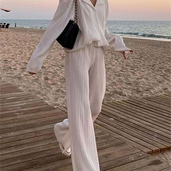 

women's two piece pants spring shirt pleated set loose high waist wide leg suit casual elegant office ladies female outfit 220919, White