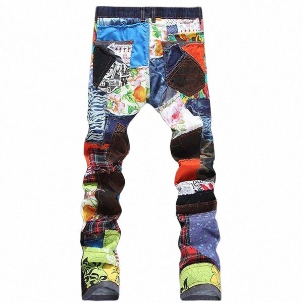 

men's jeans wholesale- men's personality patchwork spliced ripped denim male fashion slim colored patch buttons straight pants 1 n, Blue