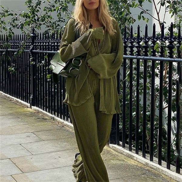 

women's two piece pants clacive elegant green set women autumn long sleeve blouses matching wide trousers suit loose shirts pant 220919, White