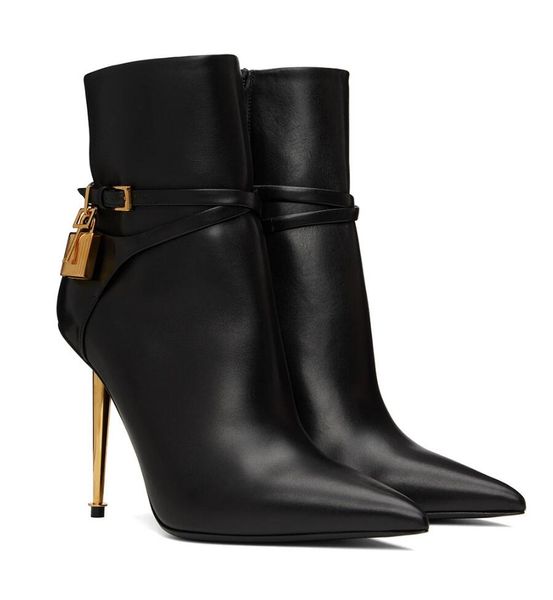 

winter brand padlock ankle boots logo-engraved lock & key booties metal stiletto heel gold-tone hardware pointed toe lady booty party weddin, Black