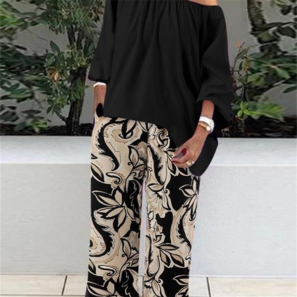 

women's two piece pants celmia sets fashion one shoulder 3/4 sleeve floral print wide leg trouser women casual loose suit 220919, White