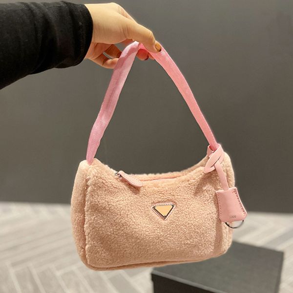 

prad bag lamb wool hobo bag soft shoulder underarm bag women handbags armpit bags fashion plush purse zipper classic triangular sequins desi, Blue;pink