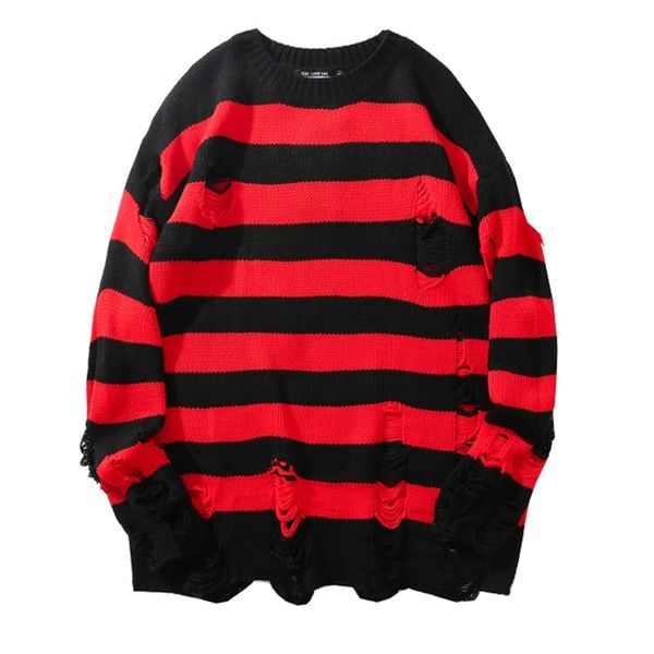 

women's sweaters gothic sweater women knitted pullovers punk hollow out hole broken jumper ladies oversized striped sweaters loose 220, White;black