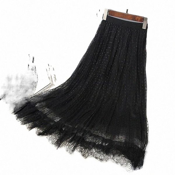 

skirts 2022 fashion high waist women skirt casual vintage polka dot print pleated midi lady lace stitching party mesh q1f4#, Black