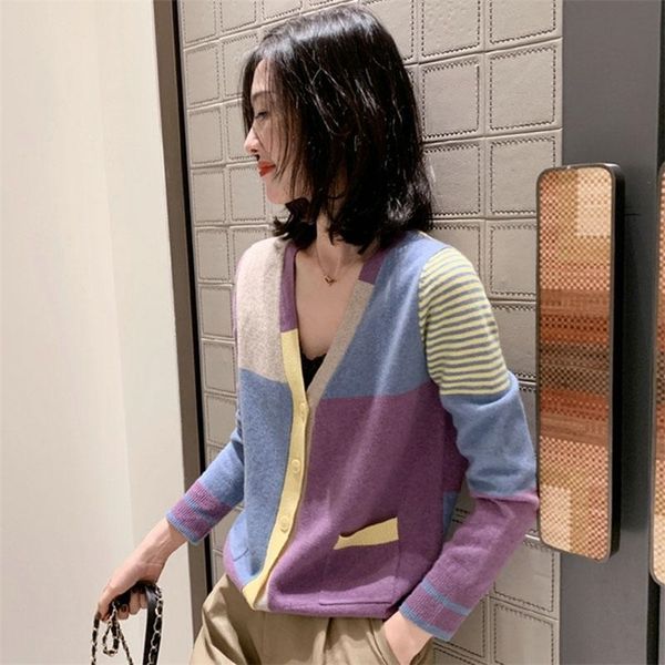 

women s knits tees vangull patchwork women knitted sweater cardigans long sleeve stripe fall single breasted female office 220919, White