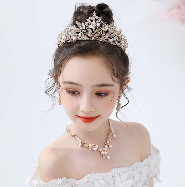 

beauty pink leaf flower girls' head pieces kids' wedding head piece princess hair wear girl accessories h920067 tiara&necklace&ear, White;red