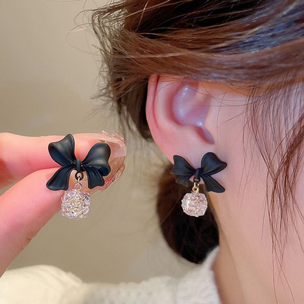 

bow-knot cz pendant stud earrings gold plated 925 silver needle copper piercing earrings luxury accessories for girls party, Golden;silver