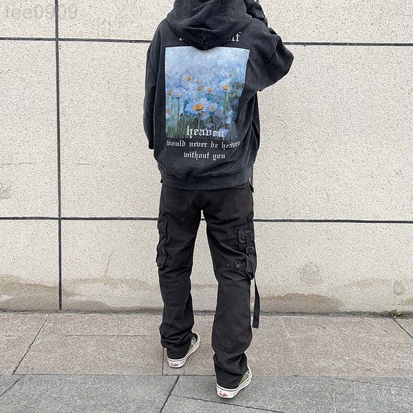 

american ask askyurself loose sweater printing hoodie washed old daisy printed fleece men's hoodie women's hoodie, Black