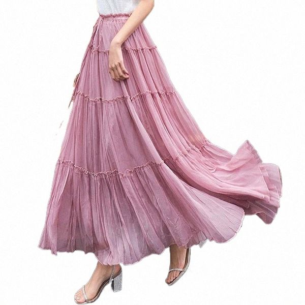 

skirts women summer skirt long maxi bohemian style elastic high waist full circle frilly ruffle chiffon ladies jupe plissee femme h7bj#, Black