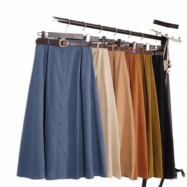 

skirts autumn winter suede velvet skirt female midi long elegant korean high waist women blue a-line pleated b5uf#, Black