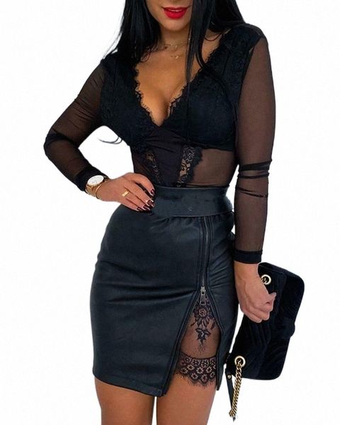 

skirts goocheer fashion women pu leather pencil mini stretchy high waist knee length bodycon zipper patchwork lace 90ei#, Black