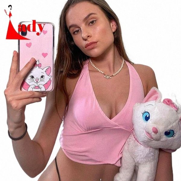 

women's tanks & camis bandage halter neck cami female vest v-neck sleeveless crop backless y2k pink cute womens clothing 2021 a8by#, White