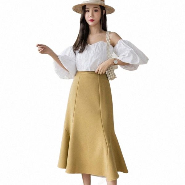 

skirts korean fashion high-waisted long woman skirt summer solid mid-calf women irregular fishtail for female t4m2#, Black
