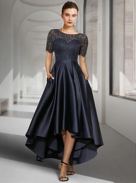 

elegant high low mother of the bride dresses dark navy a-line wedding guest dress vintage jewel lace satin short sleeve groom mom prom eveni, Black;red