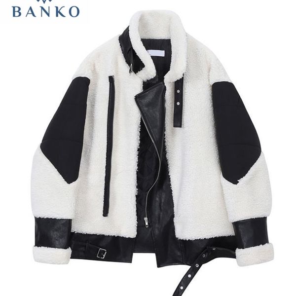 

womens down parkas faux leather patchwork jacket women casual pu loose motorcycle jackets female streetwear oversized coat korean chic winte, Black