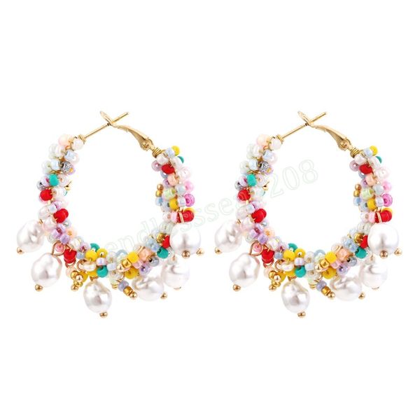

bohemian simulated pearl hoop earrings for women vintage statement resin beaded drop earrings handmade jewelry accessories, Golden;silver