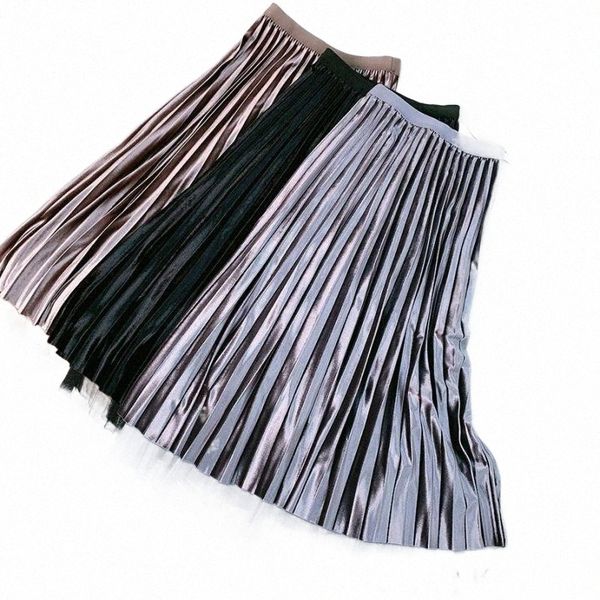 

autumn & winter high waist slimming fashion two-sided pleated skirt simple gold velvet women long skirts k7eb#, Black