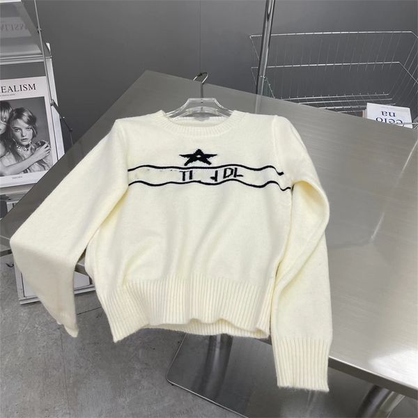 

2023 new clothing high version autumn and winter five jacquard letter pure color casual women's round neck age reducing knitted sweater, White;black