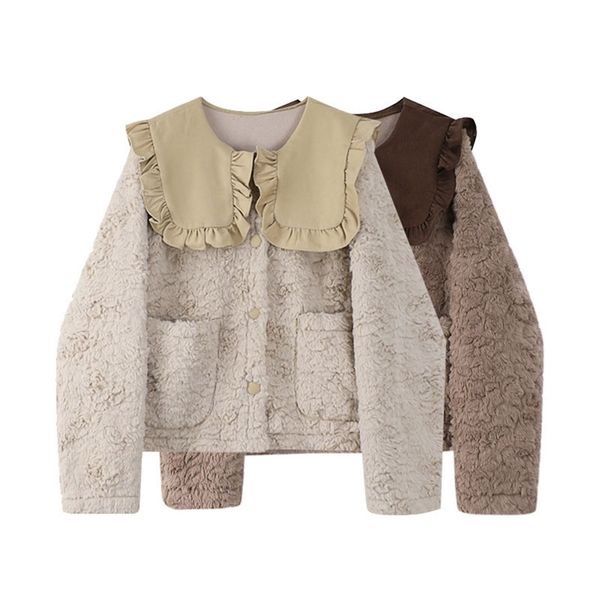 

womens down parkas women faux rabbit fur coat thicken warm fashion retro loose overcoat sweet peter pan collar female plush coats 220920, Black