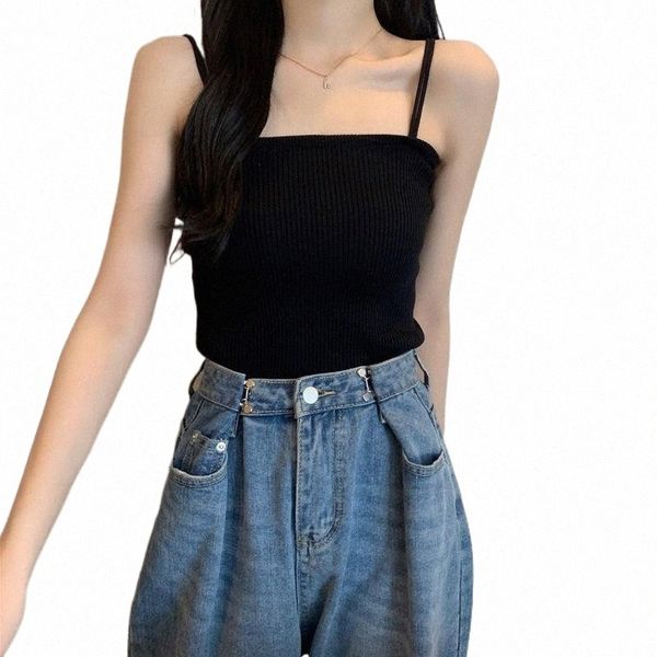 

women's tanks & camis women tank vest off shoulder solid thin double strap knitted camisole t-shirt with straps streetwear u5pe#, White