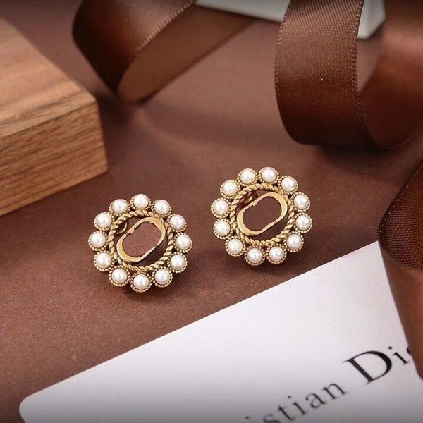 

pearl circle women stud gold letter earrings designer brand luxury fashion elegant simple s925 needle, Golden;silver