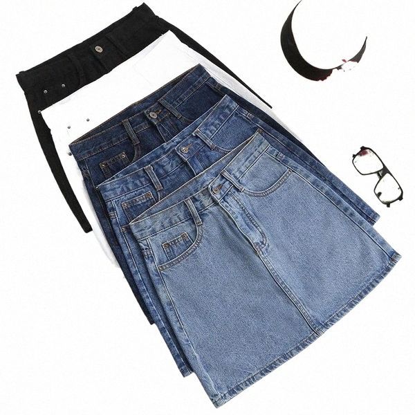 

skirts solid color korean denim miniskirt women plus size casual jeans mini high waist summer faldas mujer moda 2022 all-matched z5vh#, Black