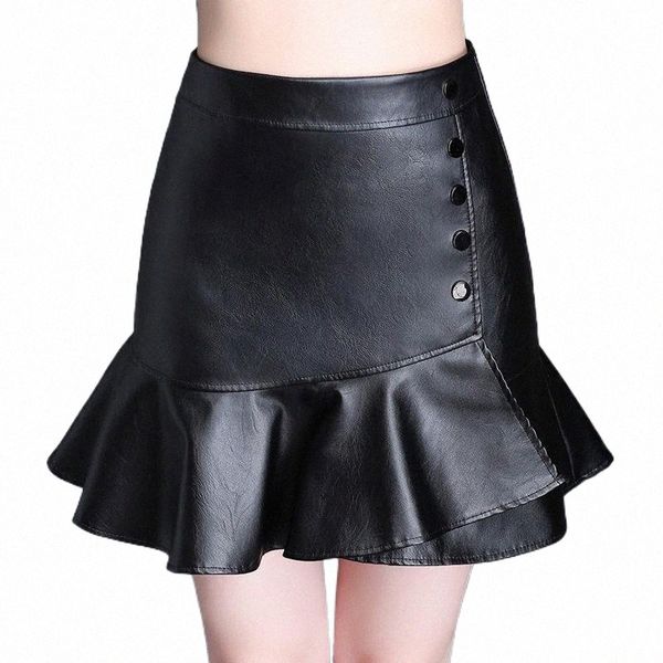 

skirts fashion short women 2022 autumn high waist package hip pu leather falbala mini a word skirt large size m-4xl b2sj#, Black