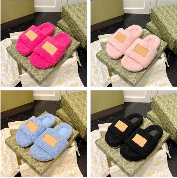 

2022 r slippers womens wool slides winter fur fluffy furry warm letters sandals soft fur girl flip flop slipper size 35-40, Black