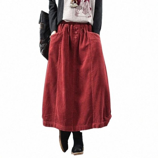

skirts women elastic waist skirt loose pocket bud spring autumn retro button solid color casual ladies f6xa#, Black