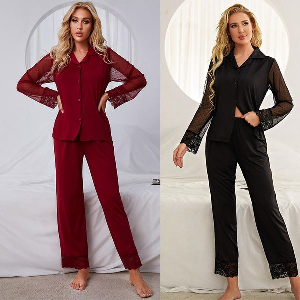 

lace mesh long sleeve sleepwear solid color pants pajama set, Black;red