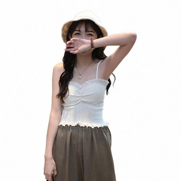 

women's tanks & camis 2021 sweet summer fashion sleeveless gilrs tank women slim pleated wrap chest vest k2ic#, White