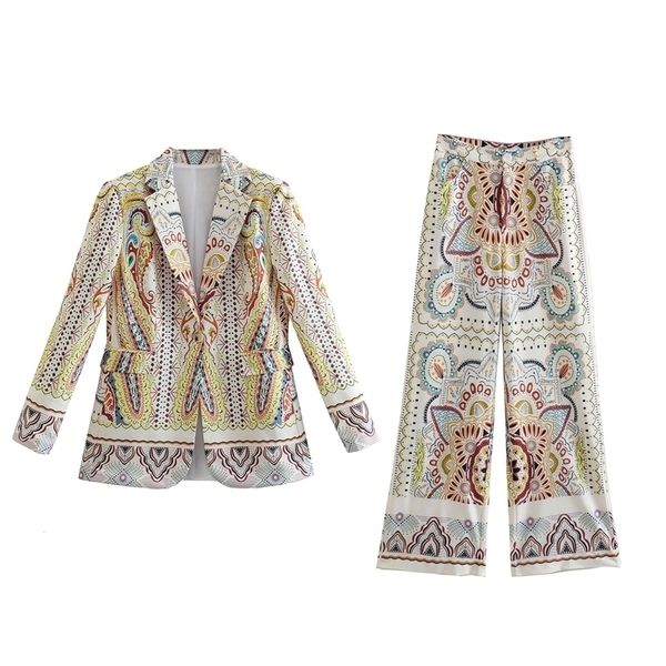 

women's two piece pants pb za summer women's retro chic printed lapel long-sleeved casual suit jacket high waist flared pants 3297, White