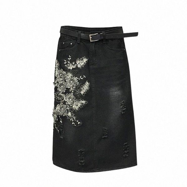 

skirts 2022 women autumn fashion casual high waist jeans skirt floral embroidery hole black package hip denim plus size 5xl x5at#