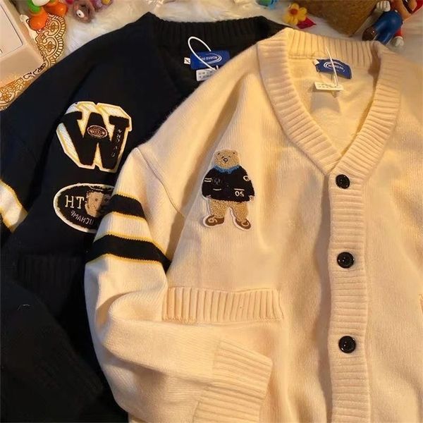 

women's sweaters knitted preppy style cute sweater women winter embroidery korean kawaii casual v neck button cardigan harajuku knitted, White;black