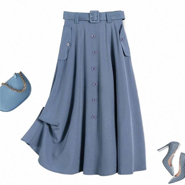 

summer slim skirt women pockets a-line single-breasted large swing umbrella vintage button mid-length casual skirts d2jd#, Black