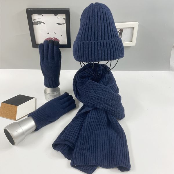 

hats scarves gloves sets winter knitted warm fashion women 3pcs outdoor thicken fleece cold protection scarf suits solid simple glove 220920, Blue;gray