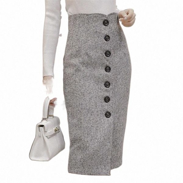 

skirts 2022 winter wool wrap faldas high waist woolen button pencil midi office ladies elegant grey b35j#, Black