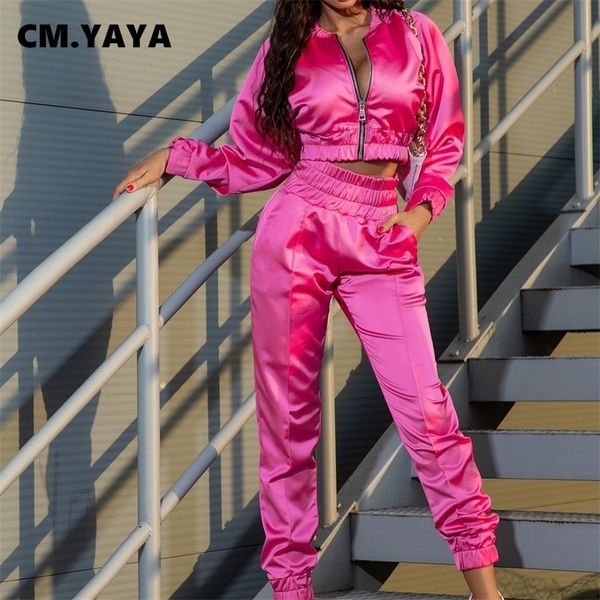 

women's two piece pants cm.yaya sport bright solid set track jacket and suit active sweatsuit tracksuit fitness outfits 220919, White