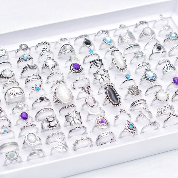 

50pcs bulk assorted bohemia style ethnic vintage rings for women girls natural stone personality charm friends holiday party gifts jewelry w, Golden;silver