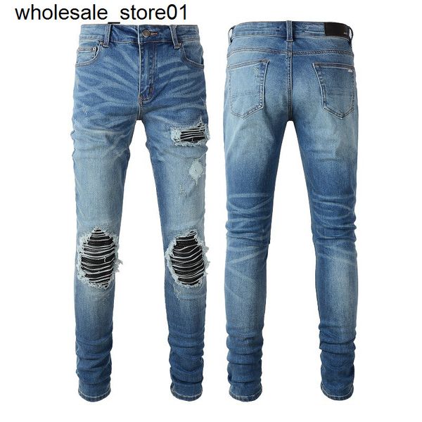 

men's jeans amirs men's pleated jeans stretch hole fitted jeans men's, Blue