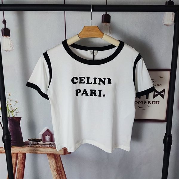 

2023 new clothing winter short sleeve white cotton black and white contrast flocking letters high version women's t-shirt