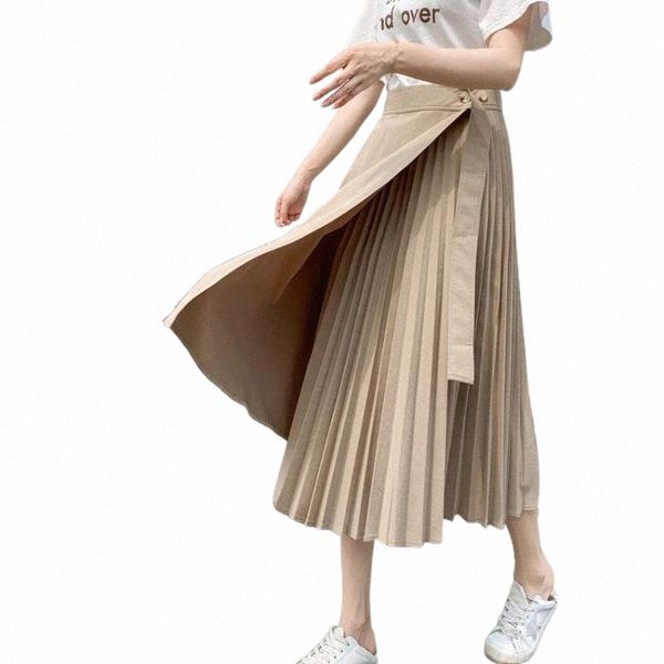 

skirts plus size 2022 women casual high waist a-line student midi pleated skirt fashion slim elegant office lady p8cn#, Black