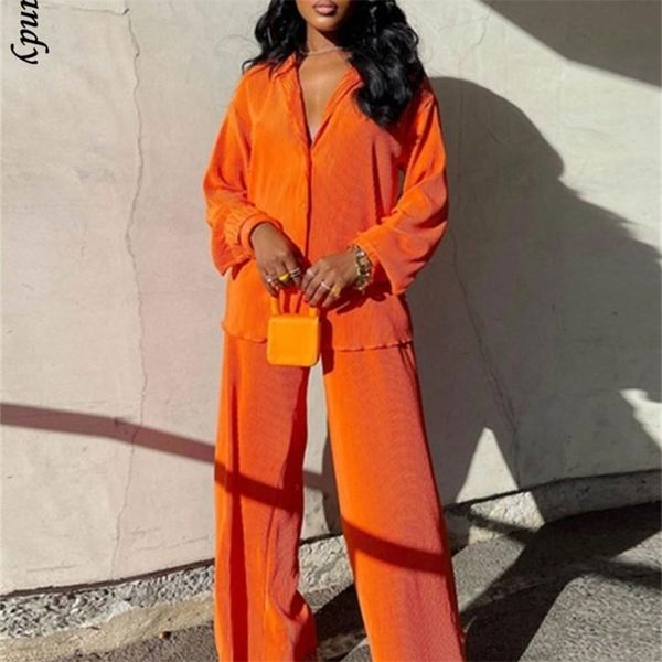 

women's two piece pants pleated shirt sets long sleeve wide leg suits casual female lapel outfit tracksuits 220919, White