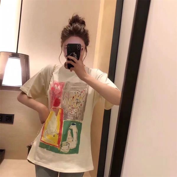 

2023 new clothing winter high version chao cartoon printed four short t-shirt ins fashion cotton half sleeve bottomed shirt, White