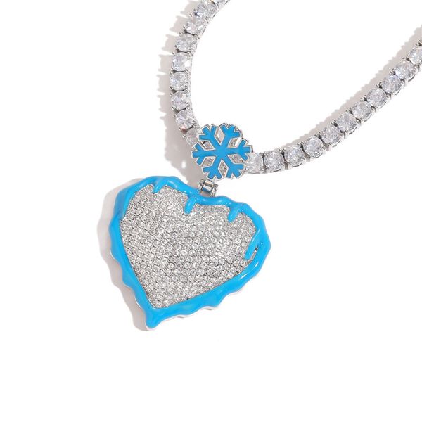 

new trendy 18k white gold plated bling cz blue snow heart pendants necklaces for men women nice gift, Silver