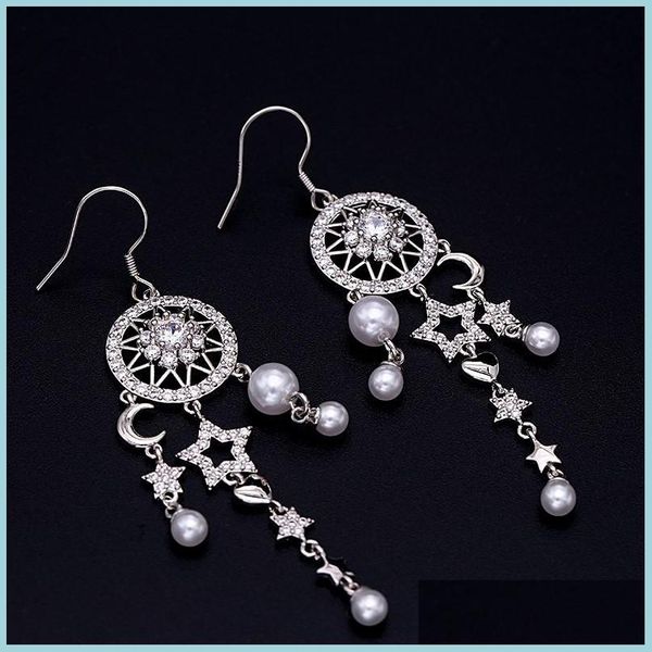 

dangle chandelier korean fashion luxury long pearl tassel earrings brand shiny zircon s925 sier needle stars bdegarden dhl0z, Silver
