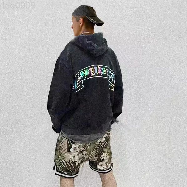 

askyurself high street washed colorful reflective sanskrit sweater men's and women's loose hoodie boys and girls hoodies sweatshir, Black